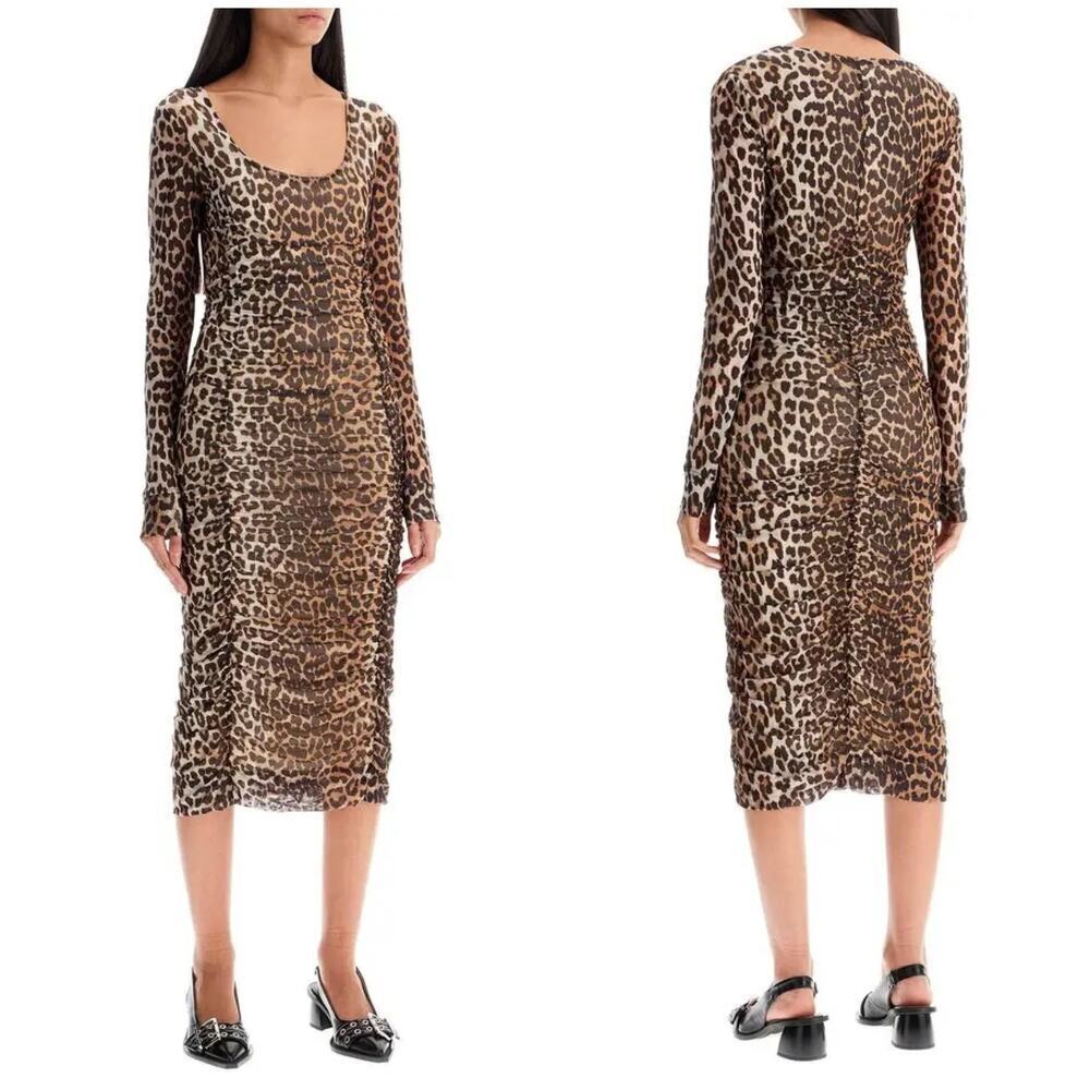 GANNI Animal Print Mesh Midi Dress Size 34 / XS / 2 $290 MSRP